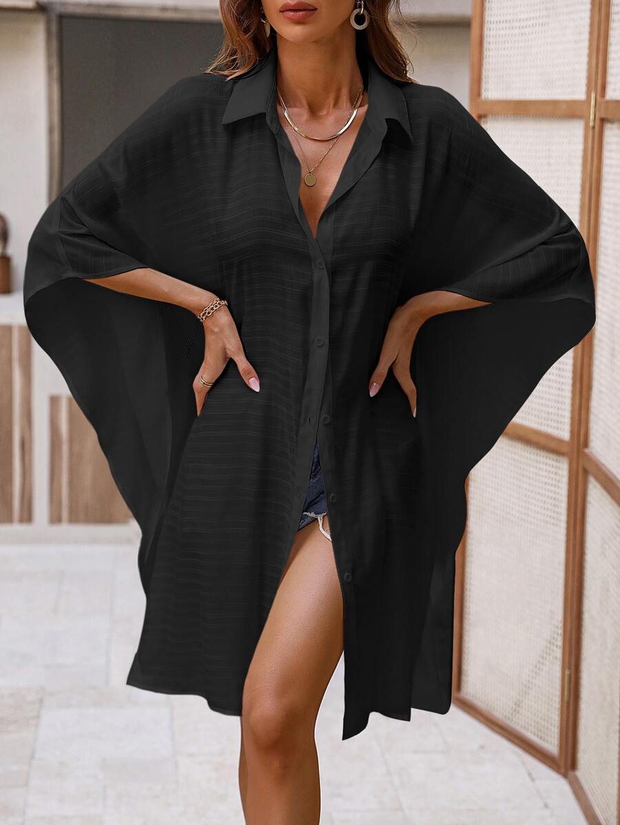 Solid Batwing Sleeve Button Front Kimono - Black - View 1