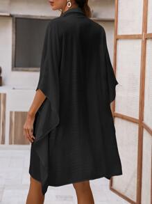 Solid Batwing Sleeve Button Front Kimono - Black - View 2