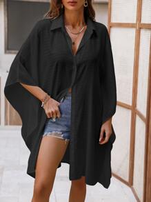 Solid Batwing Sleeve Button Front Kimono - Black - View 5