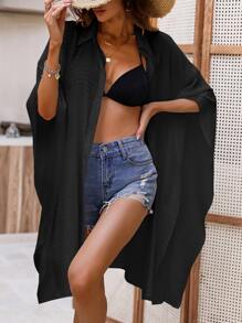 Solid Batwing Sleeve Button Front Kimono - Black - View 6