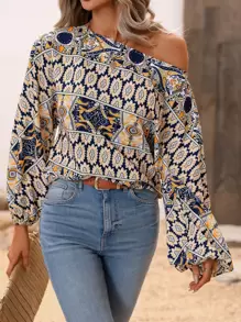 SHEIN LUNE Paisley Print Asymmetrical Neck Lantern Sleeve Blouse - Multicolor - View 1