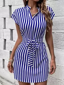 SHEIN LUNE Striped Print Notched Neckline Batwing Sleeve Belted Dress