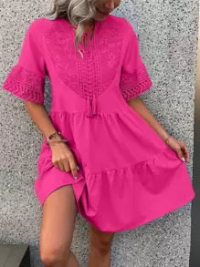 Breezaya Contrast Guipure Lace Tassel Tie Ruffle Hem Smock Dress - Hot Pink - View 1