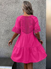 Breezaya Contrast Guipure Lace Tassel Tie Ruffle Hem Smock Dress - Hot Pink - View 2