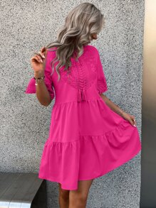 Breezaya Contrast Guipure Lace Tassel Tie Ruffle Hem Smock Dress - Hot Pink - View 3