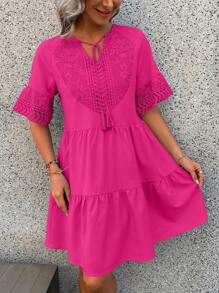 Breezaya Contrast Guipure Lace Tassel Tie Ruffle Hem Smock Dress - Hot Pink - View 5