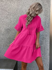 Breezaya Contrast Guipure Lace Tassel Tie Ruffle Hem Smock Dress - Hot Pink - View 6