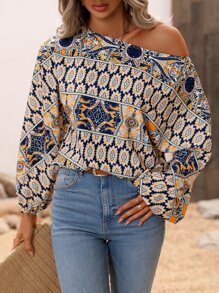 SHEIN LUNE Paisley Print Asymmetrical Neck Lantern Sleeve Blouse - Multicolor - View 3