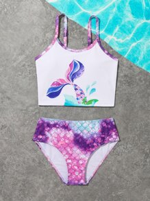 Conjunto de bikini con estampado de escamas de pez para niña preadolescente, para playa de verano - Multicolor - Ver 1