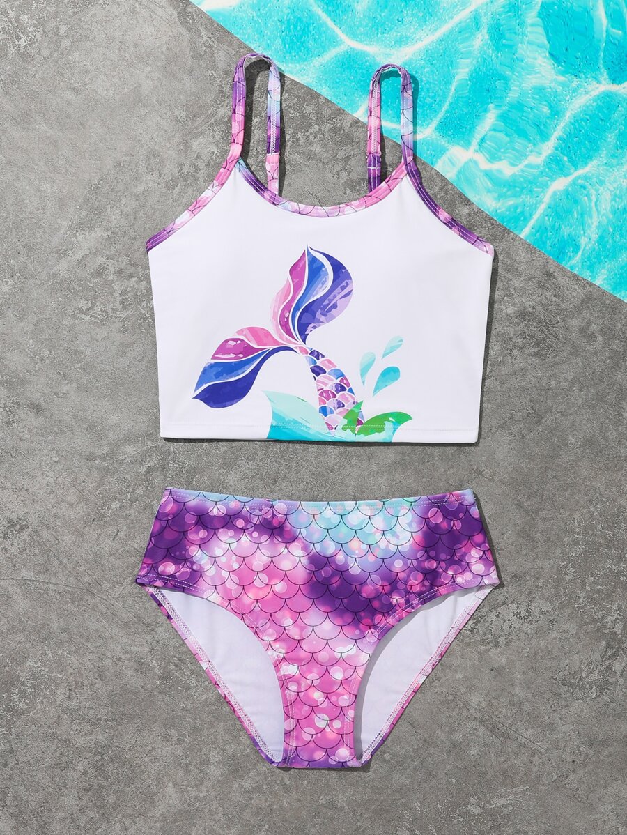 Conjunto de bikini con estampado de escamas de pez para niña preadolescente, para playa de verano - Multicolor - Ver 1