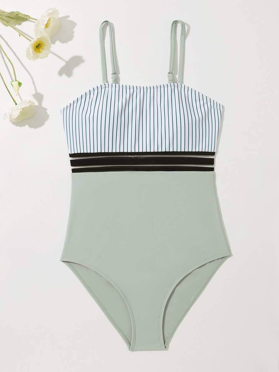 SHEIN Teen Girls Striped Print Contrast Mesh One Piece Swimsuit - Mint Green - View 1
