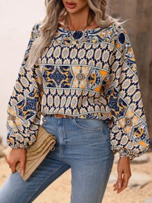 SHEIN LUNE Paisley Print Asymmetrical Neck Lantern Sleeve Blouse - Multicolor - View 5