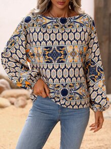 SHEIN LUNE Paisley Print Asymmetrical Neck Lantern Sleeve Blouse - Multicolor - View 6