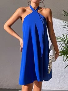 SHEIN Privé Solid Halter Neck Backless Dress - Blue - View 5