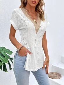 SHEIN LUNE Camiseta con encaje en contraste de manga murciélago bajo con abertura - Blanco - Ver 4