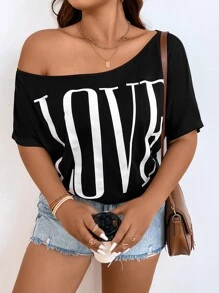 SHEIN LUNE Plus Letter Graphic Asymmetrical Neck Tee - Black - View 3