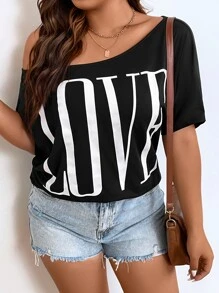SHEIN LUNE Plus Letter Graphic Asymmetrical Neck Tee - Black - View 6