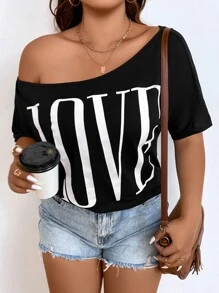 SHEIN LUNE Plus Letter Graphic Asymmetrical Neck Tee - Black - View 7