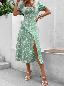 SHEIN VCAY Vestido con estampado pecho con fruncido de muslo con abertura - verde menta - Ver 1