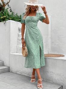 SHEIN VCAY Vestido con estampado pecho con fruncido de muslo con abertura - verde menta - Ver 4