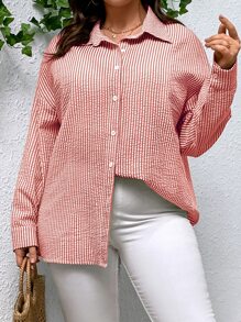 SHEIN Essnce Plus Striped Print Drop Shoulder Shirt