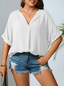 SHEIN LUNE 大碼缺口領蝙蝠袖襯衫 - 白色 - 查看 1