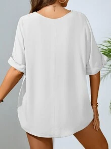 SHEIN LUNE 大碼缺口領蝙蝠袖襯衫 - 白色 - 查看 2