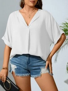 SHEIN LUNE 大碼缺口領蝙蝠袖襯衫 - 白色 - 查看 5