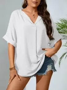 SHEIN LUNE 大碼缺口領蝙蝠袖襯衫 - 白色 - 查看 6