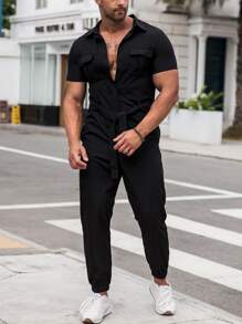 Manfinity Homme Men Flap Pocket Belted Shirt Jumpsuit - Black - View 1