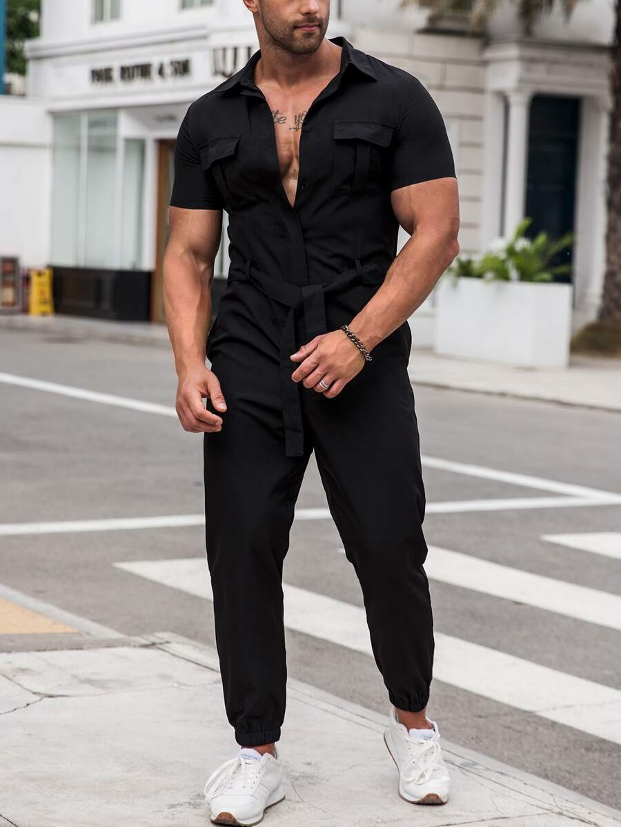 Manfinity Homme Men Flap Pocket Belted Shirt Jumpsuit - Black - View 1