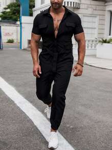 Manfinity Homme Men Flap Pocket Belted Shirt Jumpsuit - Black - View 3