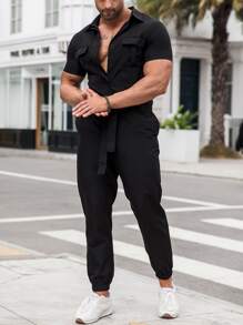 Manfinity Homme Men Flap Pocket Belted Shirt Jumpsuit - Black - View 5