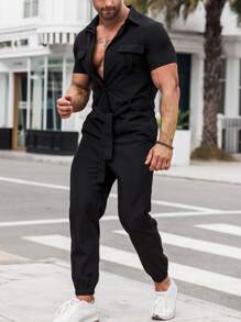 Manfinity Homme Men Flap Pocket Belted Shirt Jumpsuit - Black - View 6