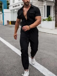 Manfinity Homme Men Flap Pocket Belted Shirt Jumpsuit - Black - View 7