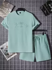 GENTILAND Men Letter Graphic Tee & Drawstring Waist Shorts - Mint Green - View 1