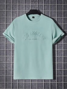 GENTILAND Men Letter Graphic Tee & Drawstring Waist Shorts - Mint Green - View 7