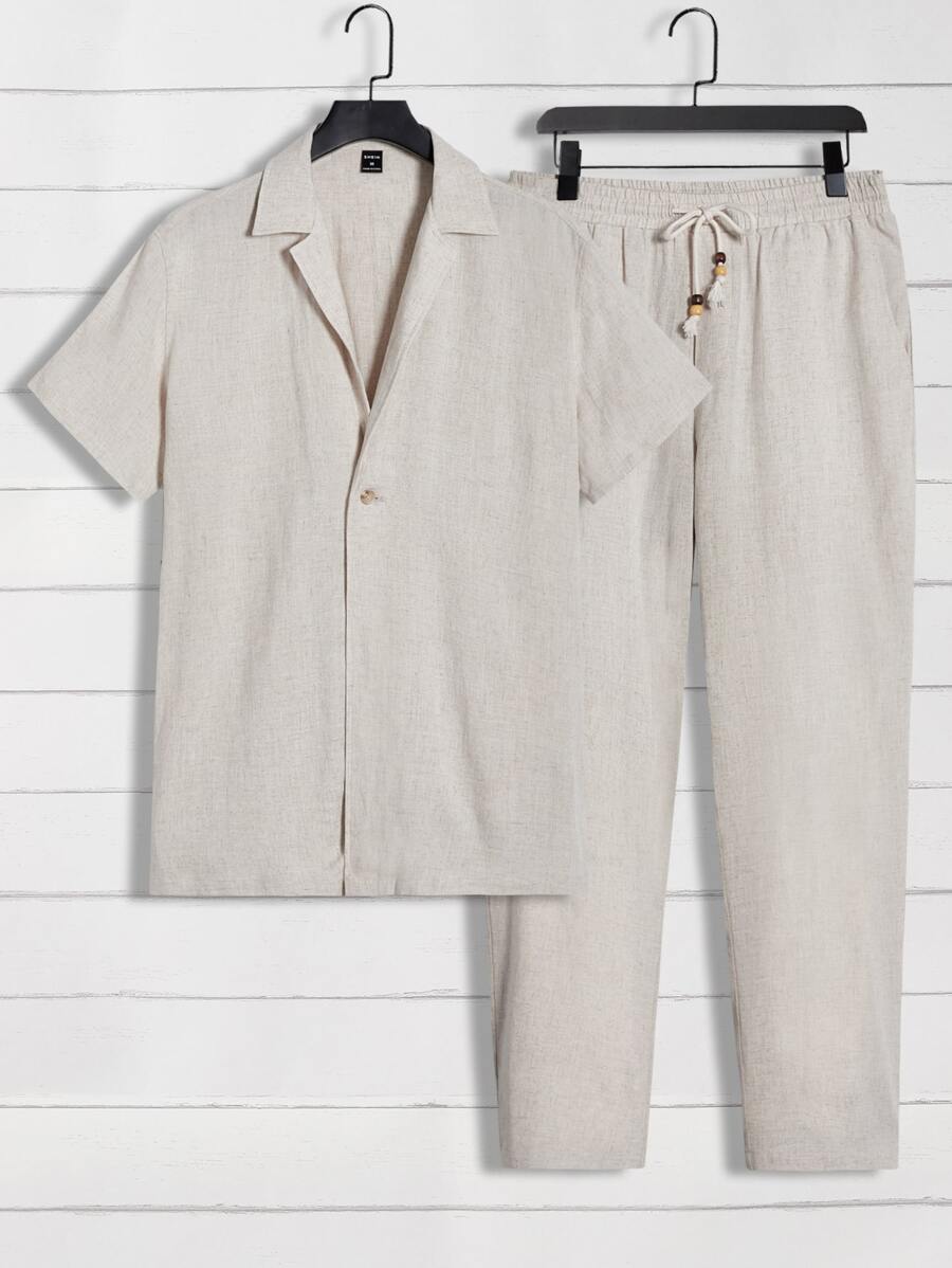 Manfinity VCAY Men Solid Lapel Neck Shirt & Drawstring Waist Trousers - Beige - View 1