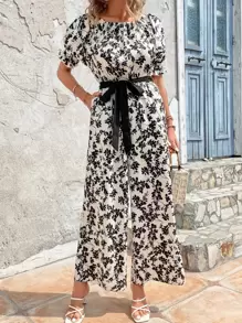 SHEIN Clasi Allover Floral Print Puff Sleeve Belted Wide Leg Jumpsuit - Black and White - View 1