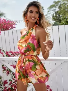 SHEIN VCAY Floral Print Belted One Shoulder Romper - Multicolor - View 5