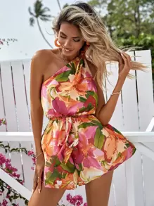 SHEIN VCAY Floral Print Belted One Shoulder Romper - Multicolor - View 6