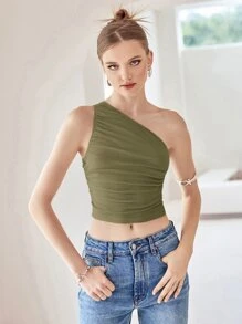 SHEIN MOD Top crop de un hombro fruncido - Verde militar - Ver 2