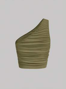 SHEIN MOD Top crop de un hombro fruncido - Verde militar - Ver 5