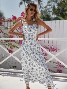 SHEIN VCAY Ditsy Floral Print Ruffle Trim Cami Dress - Blue and White - View 3