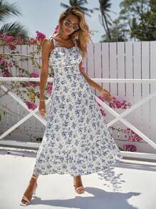 SHEIN VCAY Ditsy Floral Print Ruffle Trim Cami Dress - Blue and White - View 6