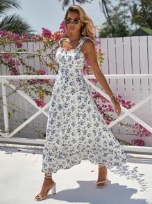 SHEIN VCAY Ditsy Floral Print Ruffle Trim Cami Dress - Blue and White - View 9