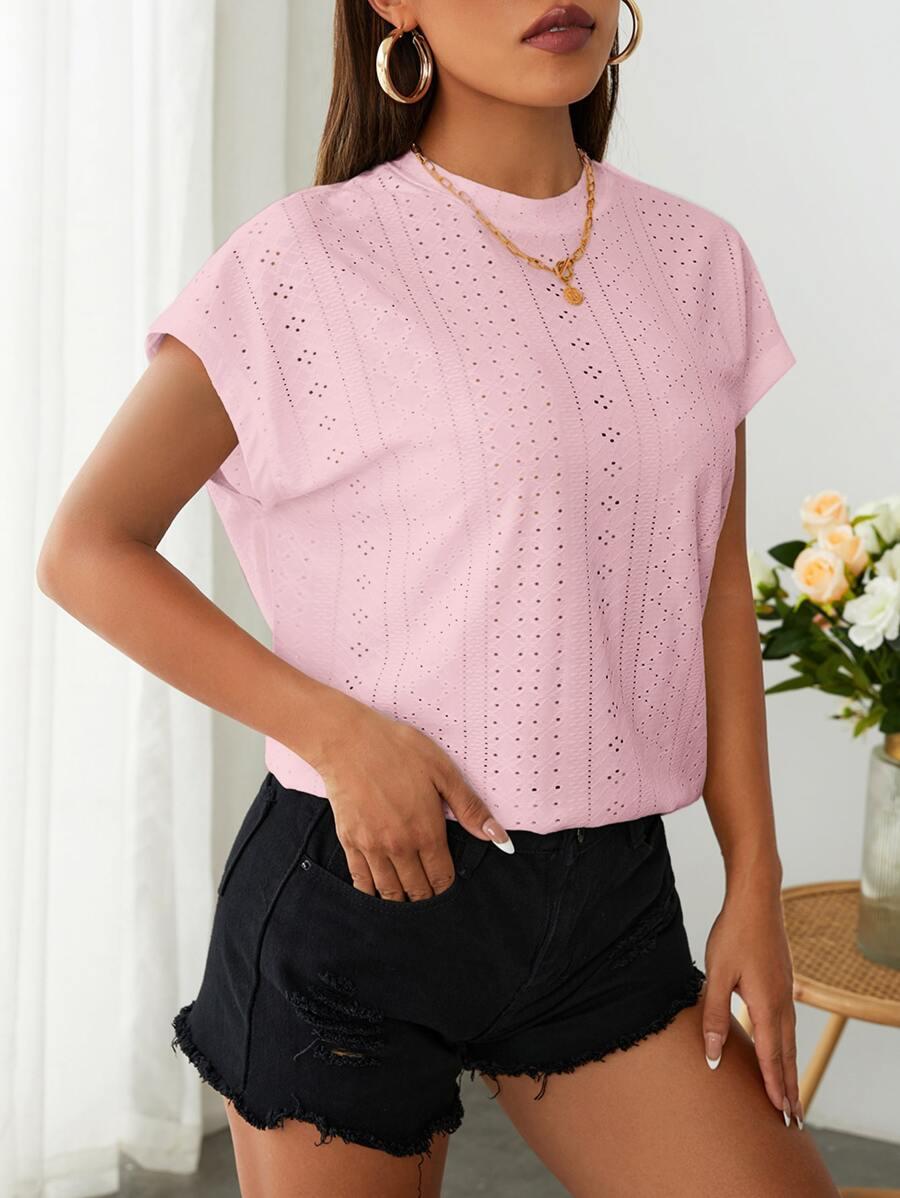 SHEIN Essnce 素色蝙蝠袖網眼刺繡T恤 - 淺粉色 - 查看 1