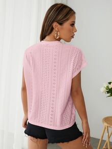 SHEIN Essnce 素色蝙蝠袖網眼刺繡T恤 - 淺粉色 - 查看 2