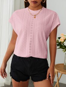 SHEIN Essnce 素色蝙蝠袖網眼刺繡T恤 - 淺粉色 - 查看 3