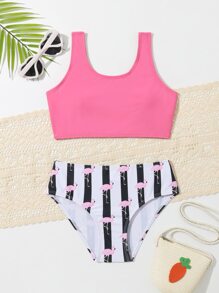 Tween Girl Striped & Flamingo Print Bikini Set Summer Beach - Multicolor - View 1